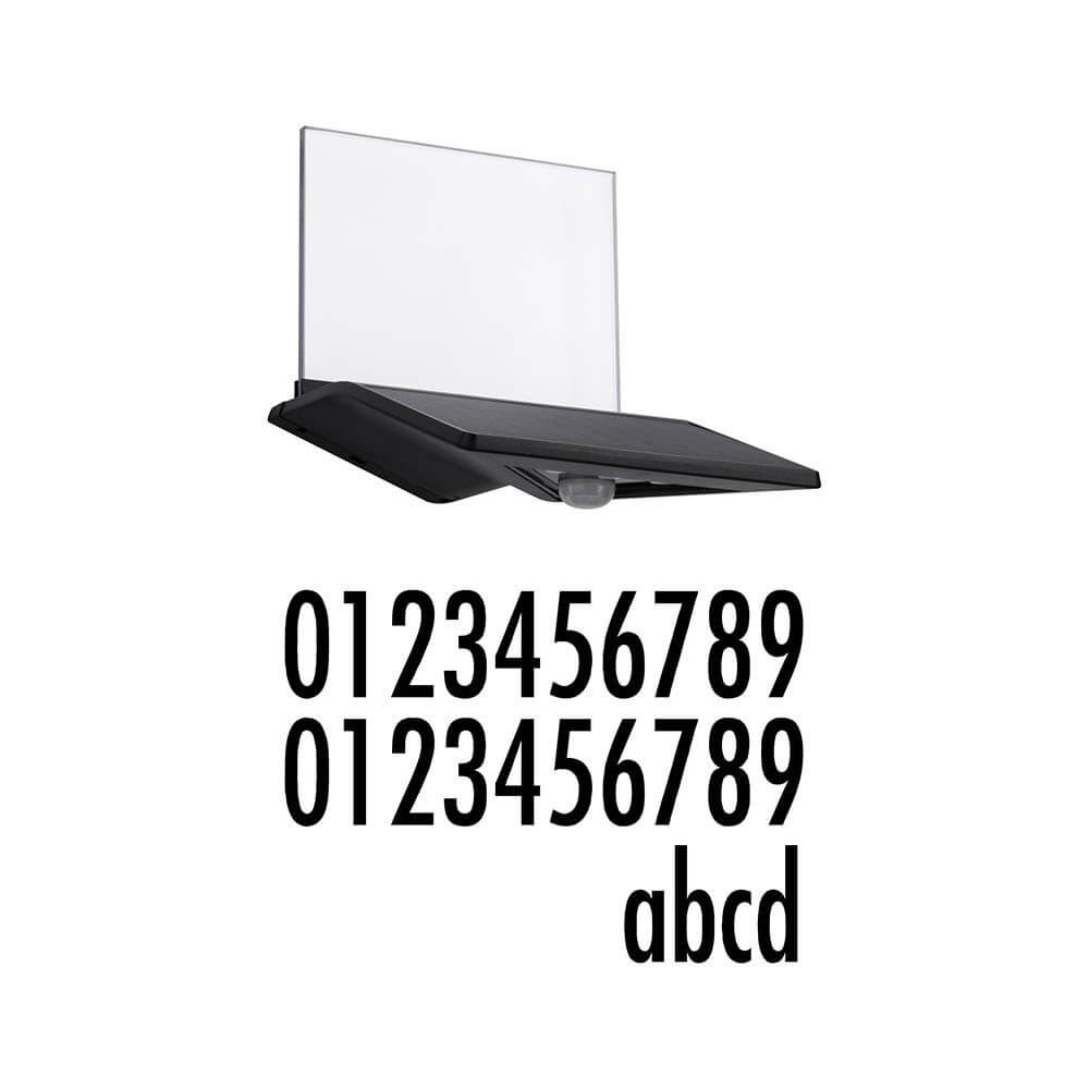 Solar LED Hausnummer Yoko IP44 3000K Bewegungsmelder Anthrazit mit Zahlen und Buchstaben.