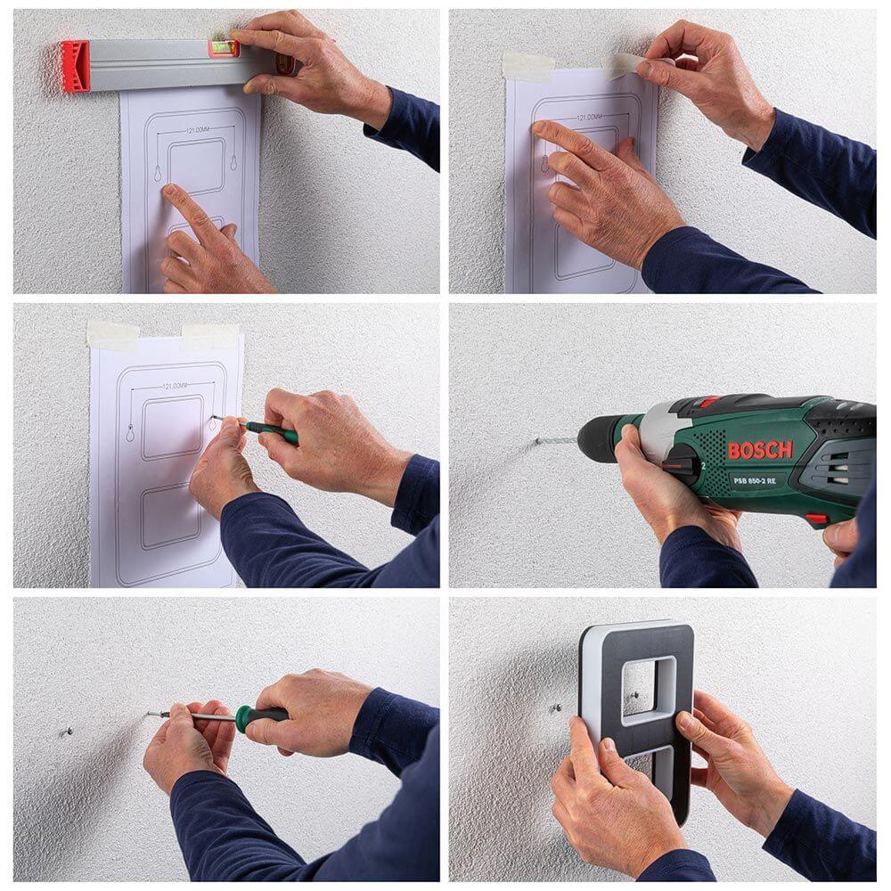 Montageschritte für die Solar LED Hausnummernleuchte Buchstabe C Schwarz, inklusive Markierung und Befestigung.