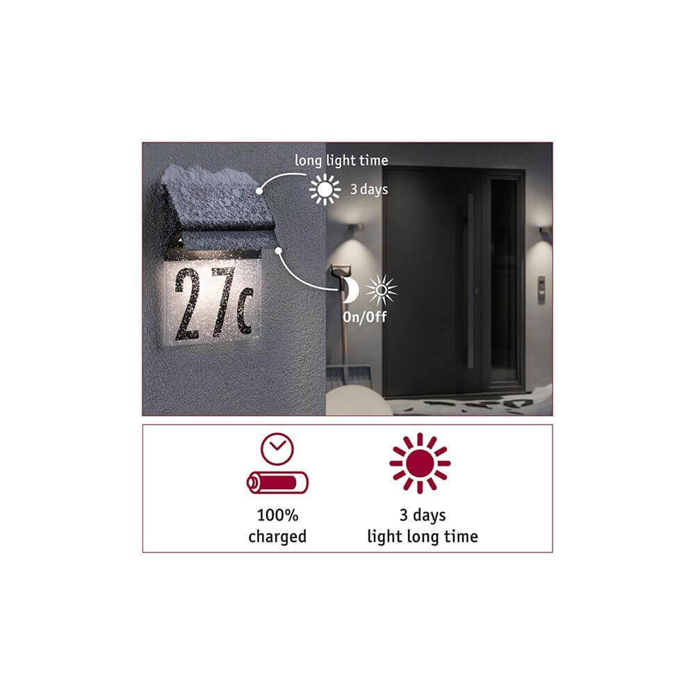 Solar LED Hausnummernleuchte Neda in Schwarz mit 100% Aufladung, 3 Tage Lichtdauer und einfach zu bedienen.