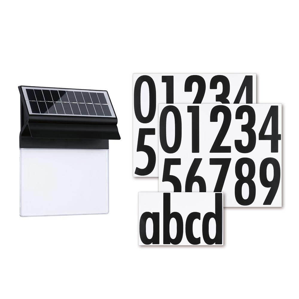 Solar LED Hausnummernleuchte Neda Schwarz mit Zahlen und Buchstaben für individuelle Beschriftung