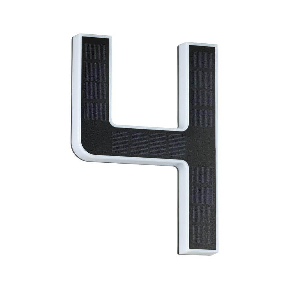 Solar LED Hausnummernleuchte Nummer 4 mit Solarpanel und warmweißem Licht, ideal für die Hauswand.