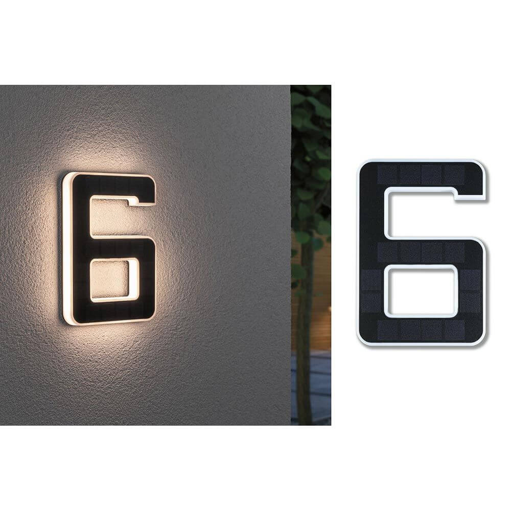 Solar LED Hausnummernleuchte Nummer 6 an Hauswand beleuchtet