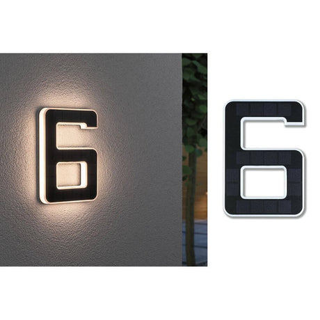 Solar LED house number light No. 6 on house wall illuminated