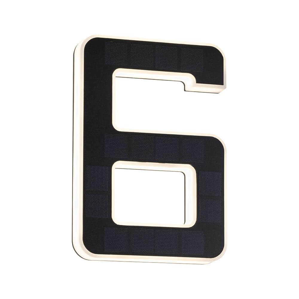 Solar LED Hausnummernleuchte Nummer 6 mit Solarpanel, beleuchtet bei Dunkelheit, für Außenbereich geeignet.
