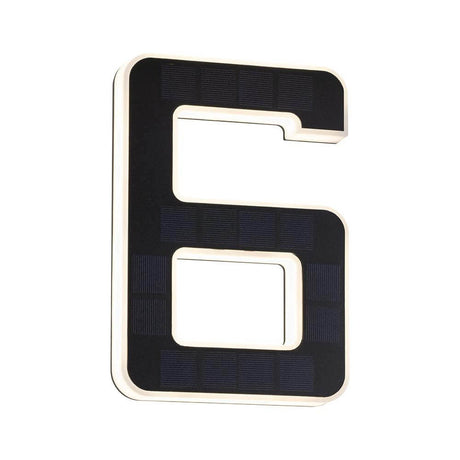 Solar LED house number light No. 6 with solar panel, illuminated in the dark, suitable for outdoor use.