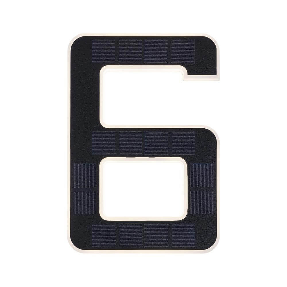 Solar LED Hausnummernleuchte Nummer 6 in modernem Design mit Solarpanel für die Hauswand.