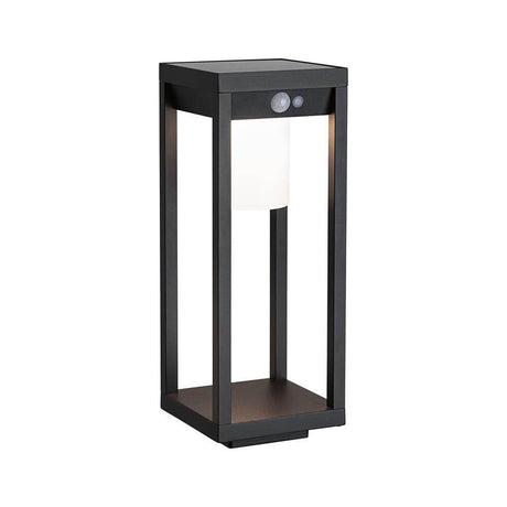 Solar LED Sensor lantern Marisol Black in a modern design with motion detector and warm white lighting.