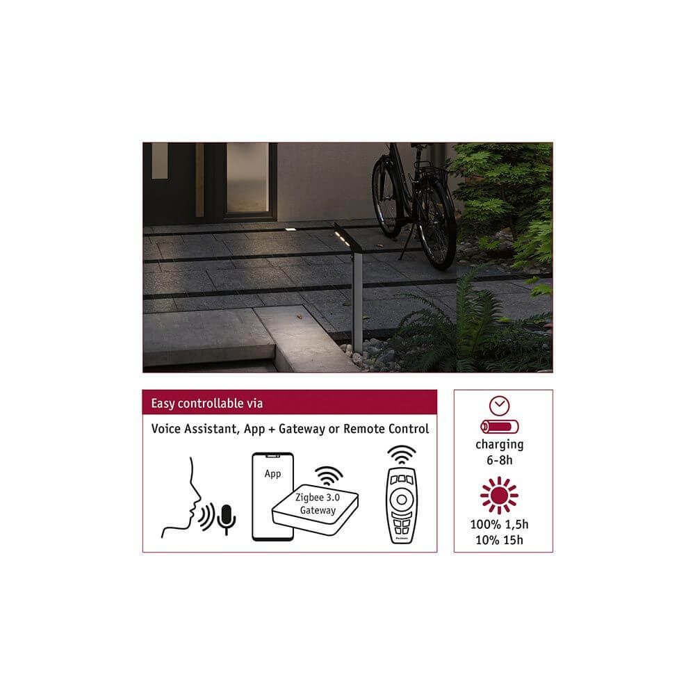 Solar LED Pollerleuchte Soley Anthrazit mit Smart Home Steuerung über Sprachassistent, App und Fernbedienung.