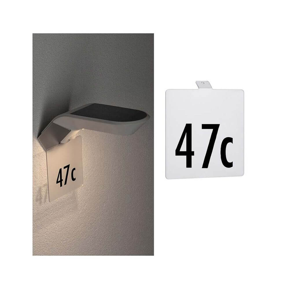 Transparentes Hausnummernschild für Solarleuchte Soley mit individueller Beschriftung in schwarz, Modell 47c.