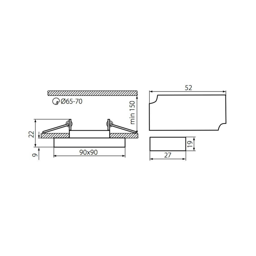 Technische Zeichnung vom LED Decken-Einbaustrahler Soren 210lm + GU10-Fassung 9 x 9cm mit Maßen.