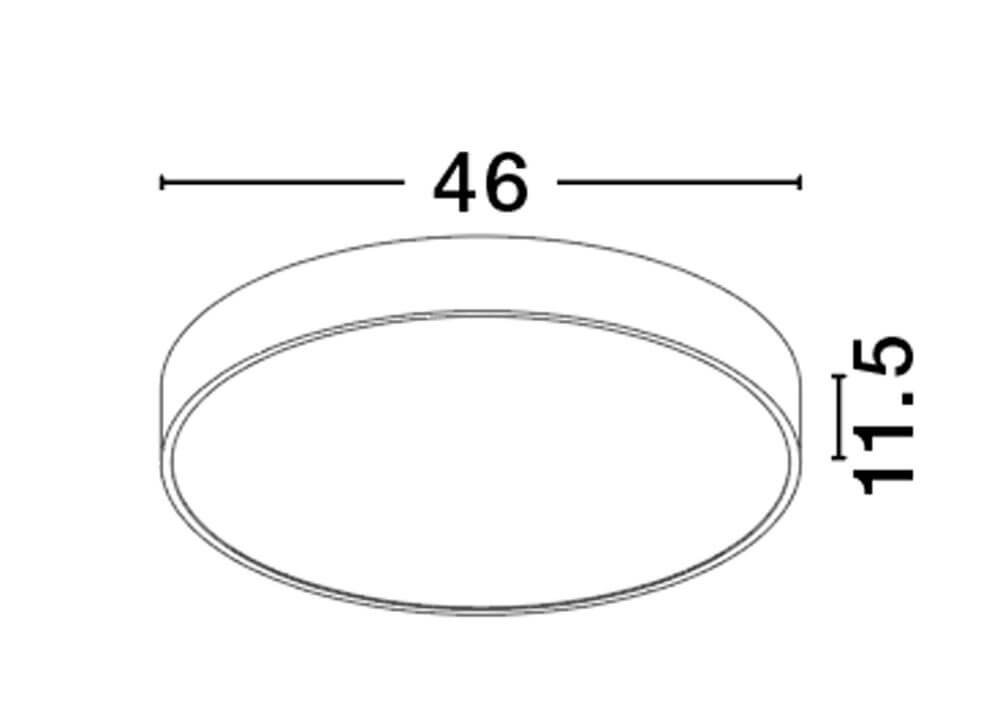 Maßzeichnung der Sotto LED Deckenleuchte Ø 46cm 2700, 3500, 5000K mit Abmessungen 46cm und 11.5cm.