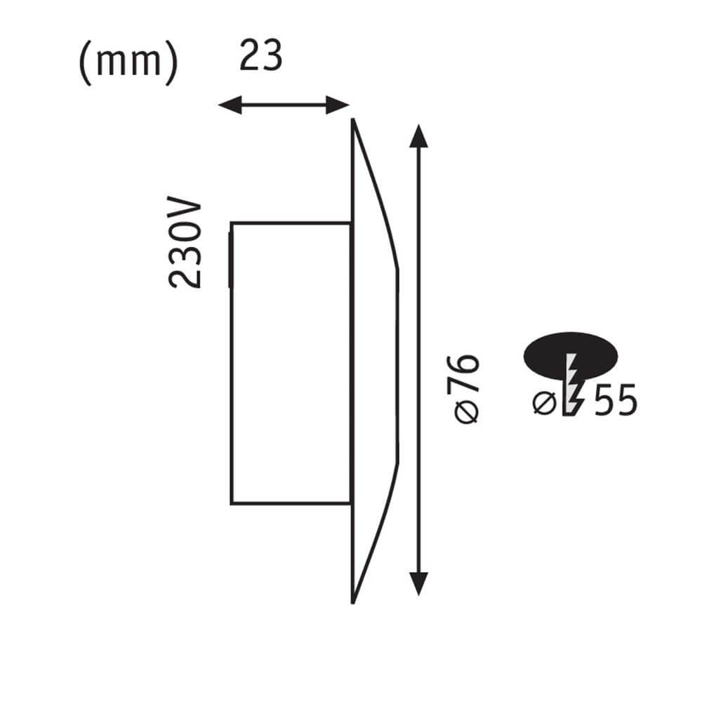 Schematische Darstellung des Special EBL Set LED IP65 1,4W 3000K 76mm Opal mit Abmessungen.