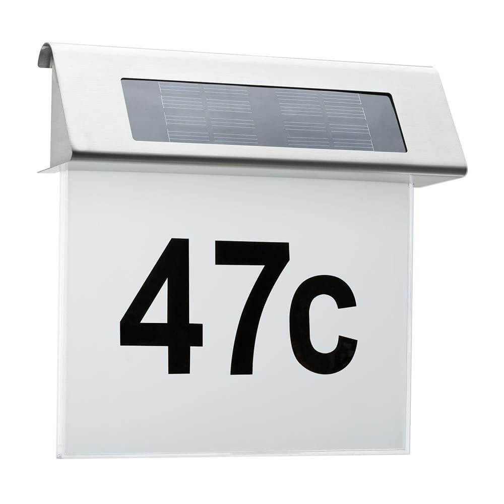 LED Solar Hausnummernleuchte IP44 Edelstahl, Weiß mit Hausnummer 47c und Solarpanel