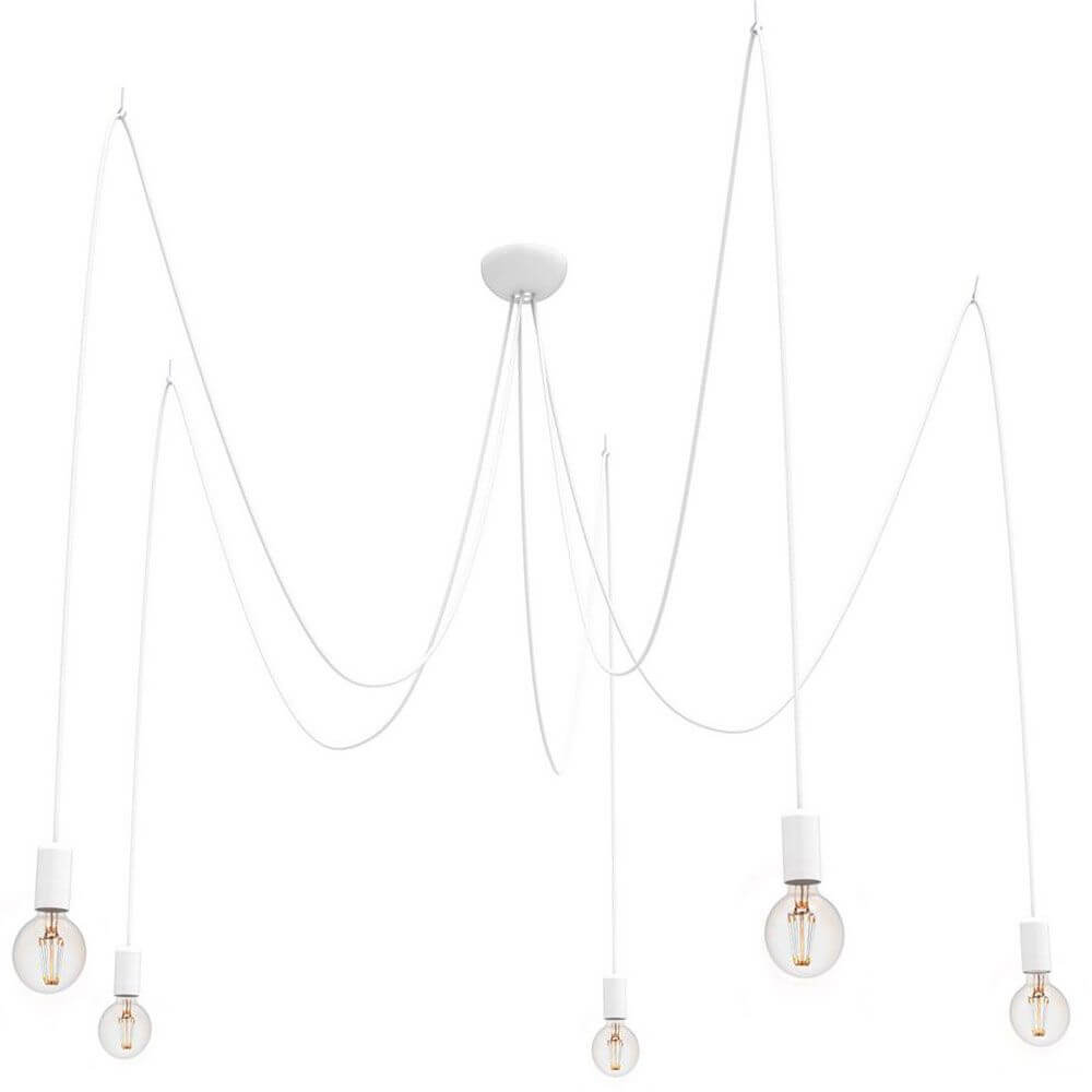 Spid Pendelleuchte 5-flammig in Spinnenform Weiß mit fünf hängenden Leuchten und elegantem Kabeldesign.