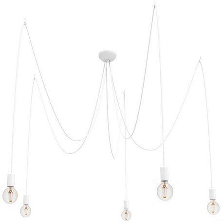 Spid Pendelleuchte 5-flammig in Spinnenform Weiß mit fünf hängenden Leuchten und elegantem Kabeldesign.