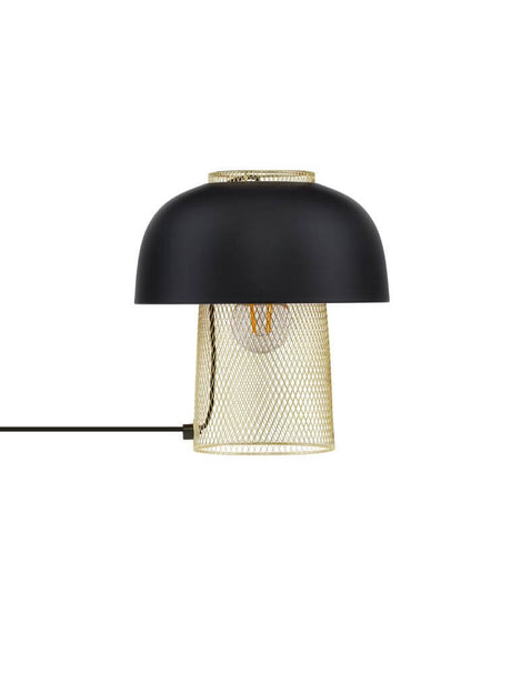 Sqube Tischleuchte Schwarz, Gold von Nova Luce mit mattschwarzem Schirm und goldfarbenem Gitter