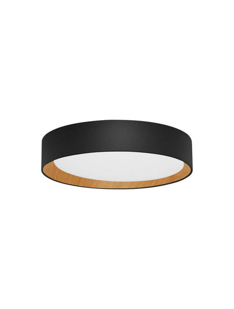 Plafonnier Stake LED Ø 35 cm 3000K avec aluminium noir et aspect bois.