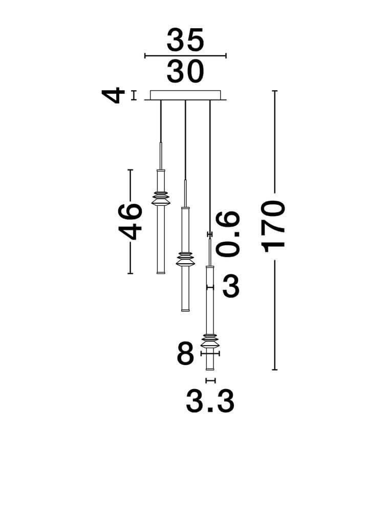 Stalactite Pendelleuchte 3-flammig Ø 35cm 3000K Schwarz technische Zeichnung mit Abmessungen.