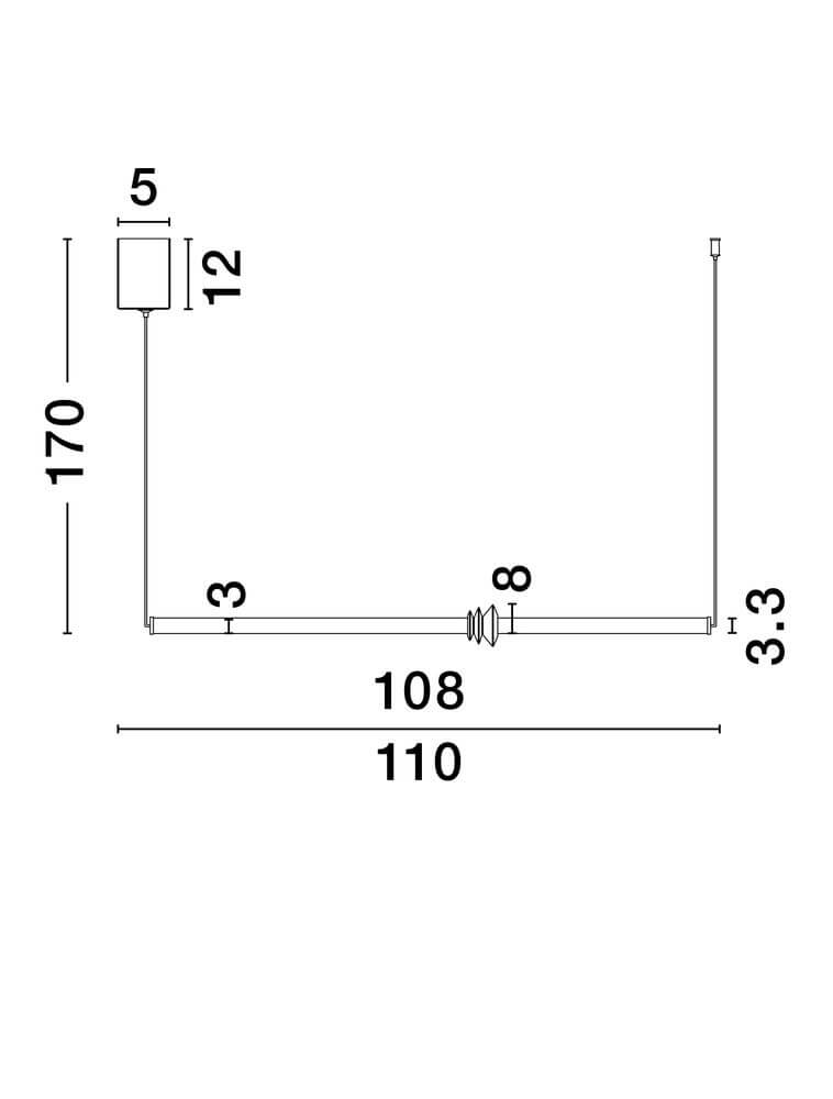 Stalactite Pendelleuchte Horizontal Ø 3,3cm 3000K Schwarz technische Zeichnung mit Maßen.