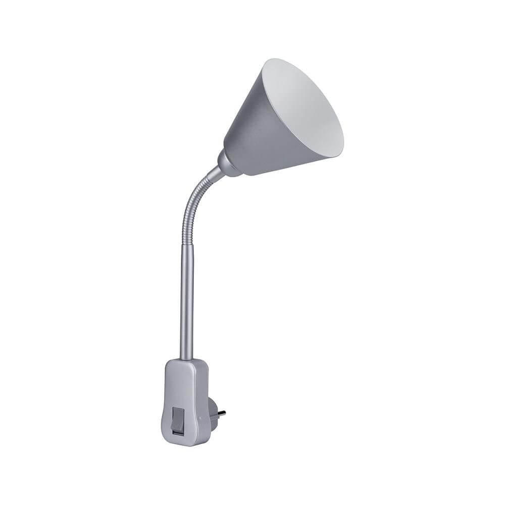 Steckerleuchte Junus Flexarm Grau mit flexiblem Arm und Kippschalter für individuelle Beleuchtung.
