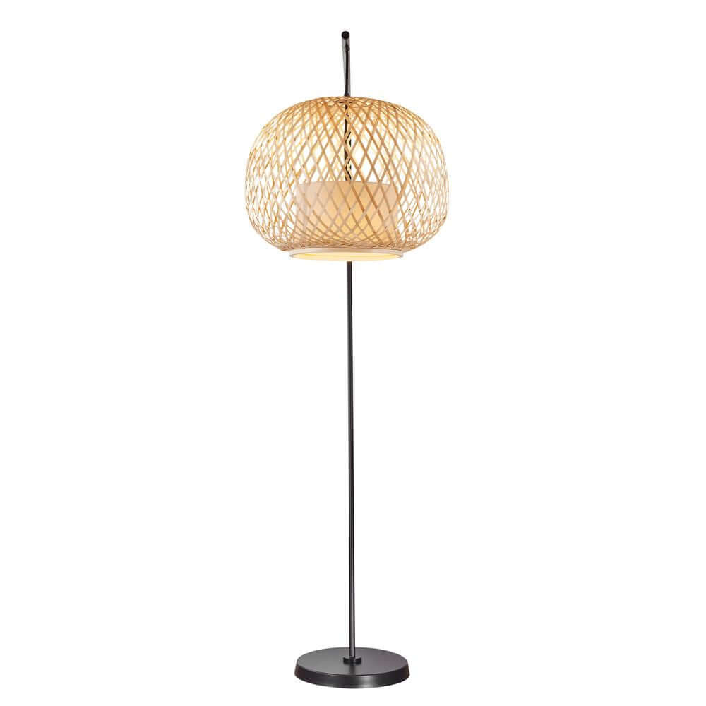 Stehlampe Hisoka mit runder Korb-Design und schwarzem Standfuß für stilvolle Beleuchtung.
