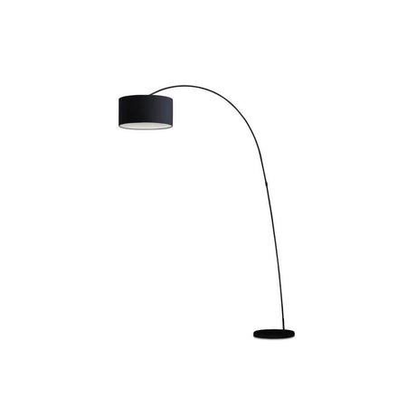 Bogen-Stehlampe Papua Schwarz mit elegantem, geschwungenem Design und schwarzem Lampenschirm.