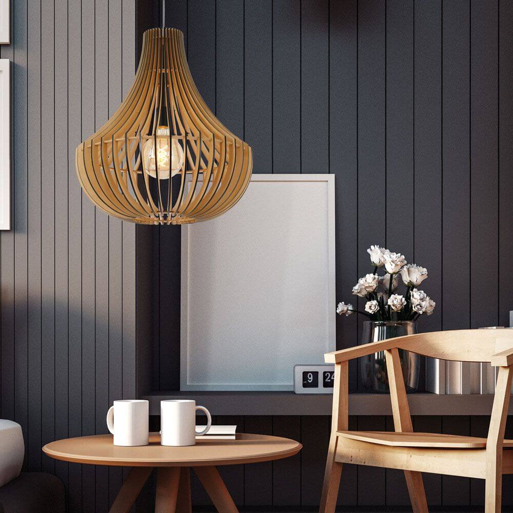 Holz-Hängeleuchte Smukt in modernem Raumdesign mit Holzlamellen und gemütlicher Atmosphäre.