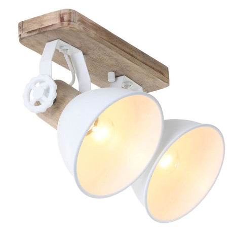 Industrial ceiling light Gearwood with wooden base and white metal shades for retro design.