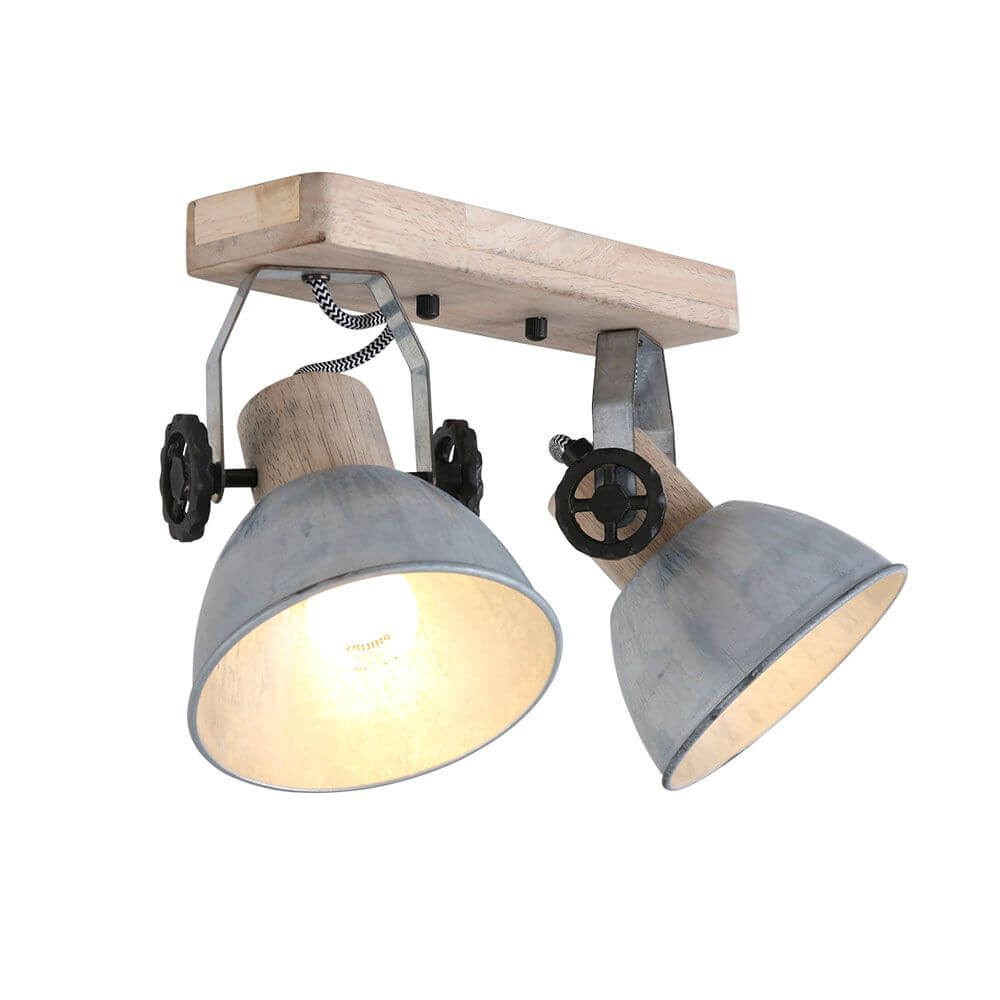Industrie-Deckenleuchte Gearwood mit Holz- und Metallschirm im Retro-Design.