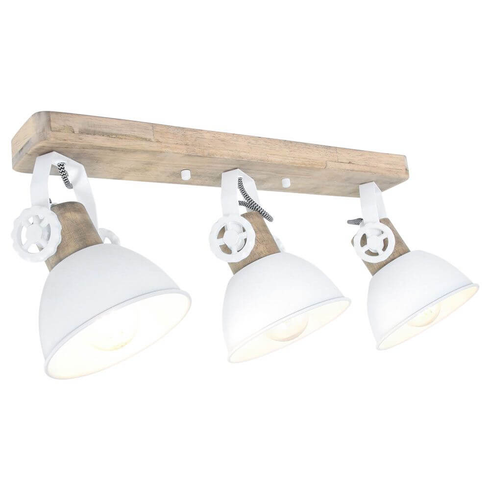 Industrie-Deckenleuchte Gearwood mit Holzbasis und metallischen Lampenschirmen im Retro-Design.