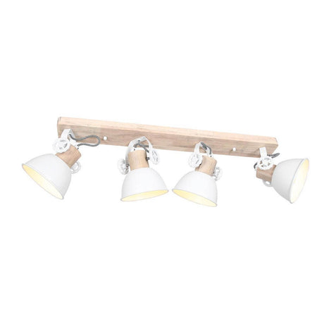 Industrial ceiling light Gearwood with four lights, wooden base and white metal shades in retro design.