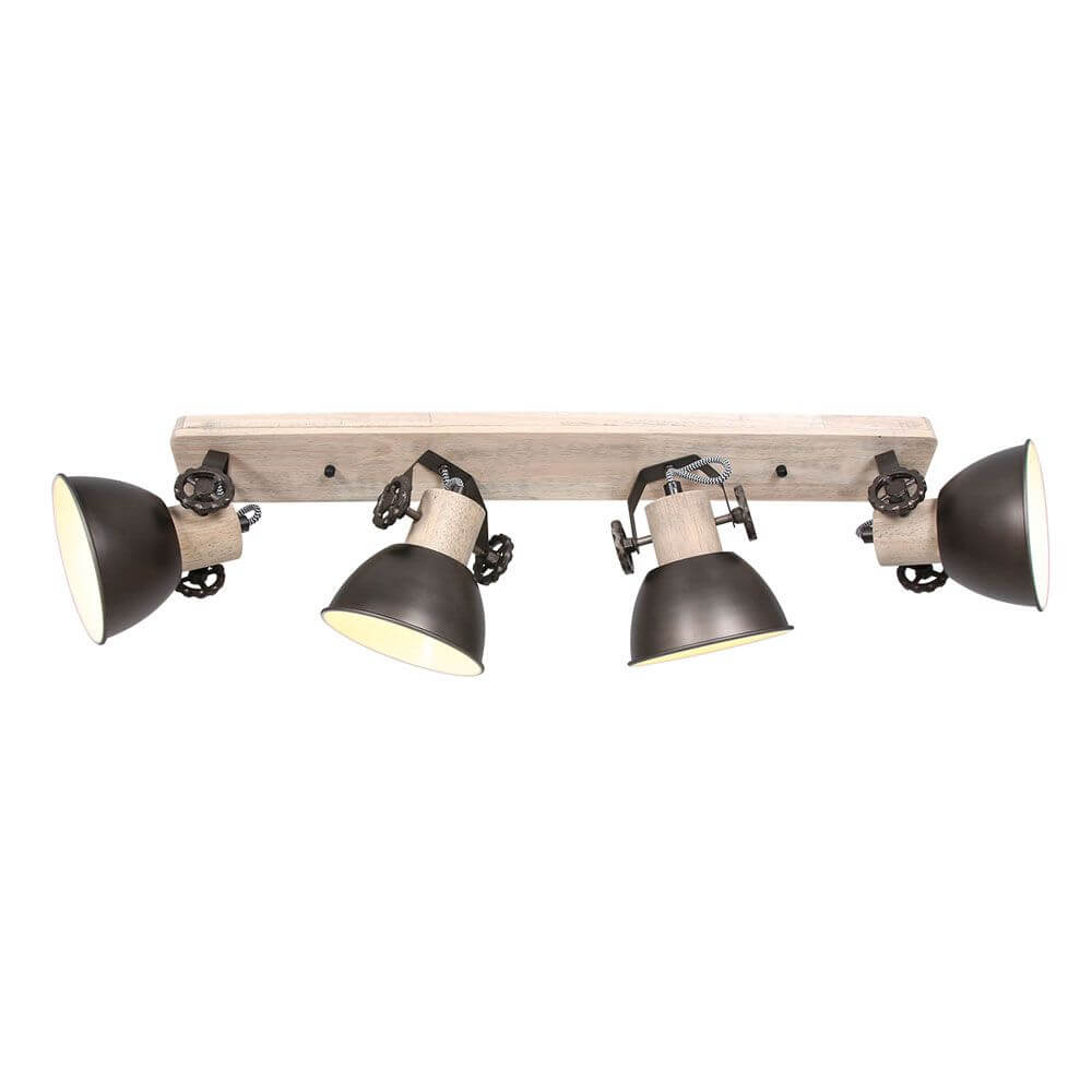 Industrie-Deckenleuchte Gearwood mit retro-industriellem Design und vier beweglichen Metallstrahlern.