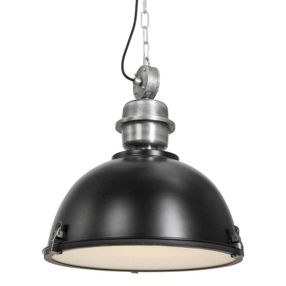 Industrie-Hängeleuchte Bikkel Ø42cm in schwarzem Metall mit industriellem Design und weißem Lampenschirm.
