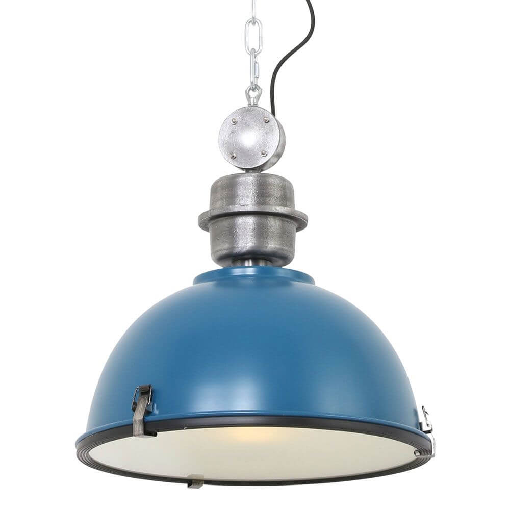 Industrie-Hängeleuchte Bikkel Ø42cm in Blau mit Metallakzenten, ideal für stilvolle Inneneinrichtungen.