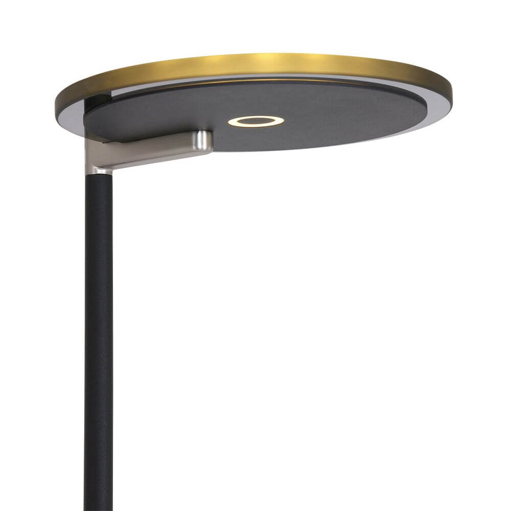 LED-Deckenfluter Turound in Schwarz und Gold mit Lesearm und Tastdimmer, modern und elegant.