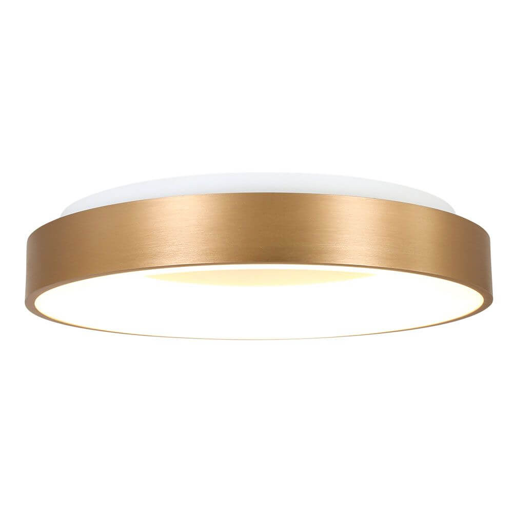 LED-Deckenleuchte Ringlede Ø48cm mit goldfarbenem Rahmen und warmweißem Lichtschein.