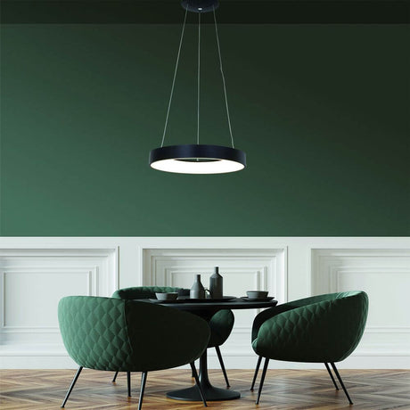 LED-Pendant light Ringlede Ø48cm in a modern living room with green chairs and table.