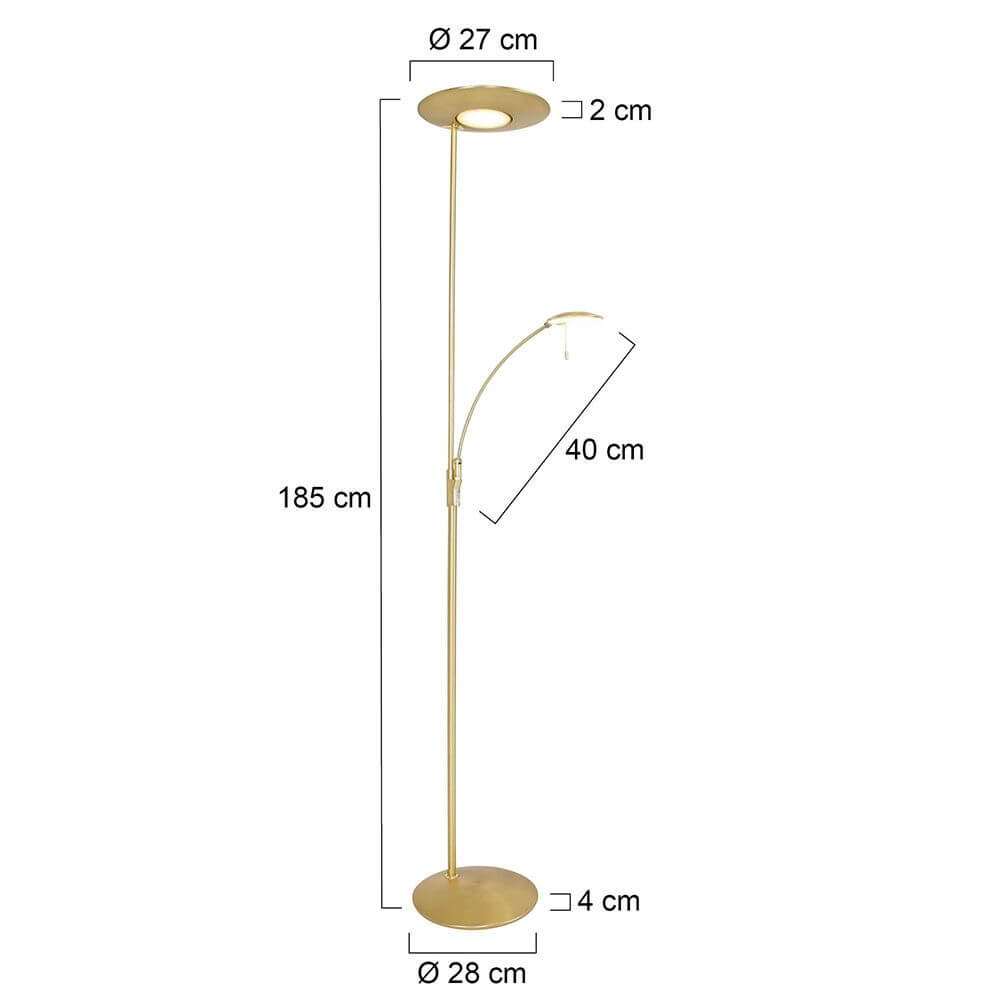 LED-Deckenfluter Zenith mit Lesearm & Tastdimmer CCT in Gold, 185 cm hoch, 27 cm Durchmesser.