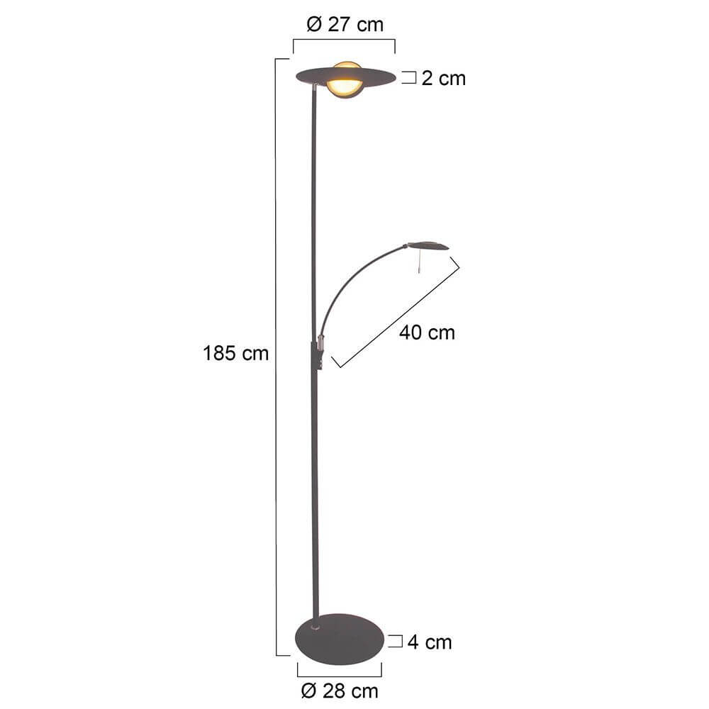 LED-Deckenfluter Zenith mit Lesearm & Tastdimmer CCT – Maße und Design der Stehlampe.