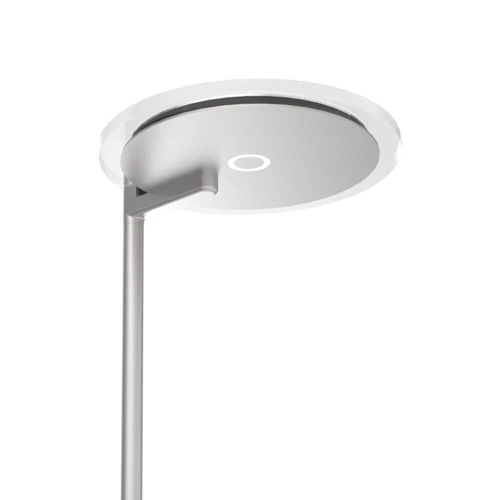 Eleganter LED-Deckenfluter Turound mit Lesearm und Tastdimmer für individuelles Licht in Alu-Gebürstet.