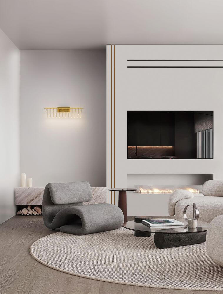 Stellar LED Wandleuchte 25-flammig 3000K im modernen Wohnzimmer mit Kamin und eleganten Möbeln.
