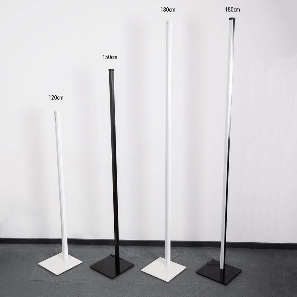 Verschiedene LED-Stehleuchten in Schwarz und Weiß, Höhen von 120 cm bis 180 cm, modernes Design.