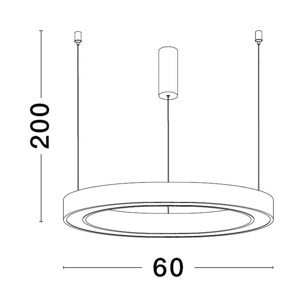 Technische Zeichnung der Sting LED Pendelleuchte Ø 60cm mit 200cm Höhenverstellung in modernem Design.