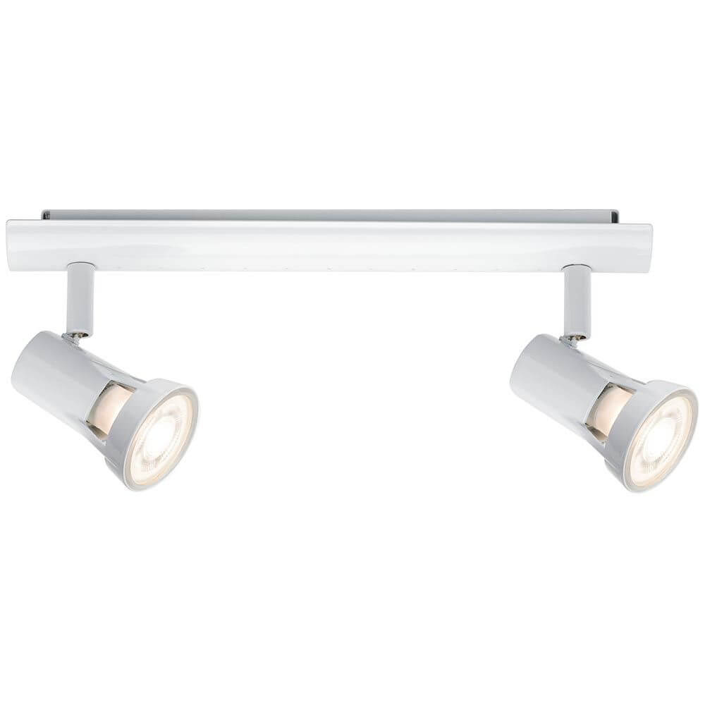 Strahler Teja 2-flammig Weiß GU10 mit zwei weißen Spotlights auf einer silbernen Schiene.