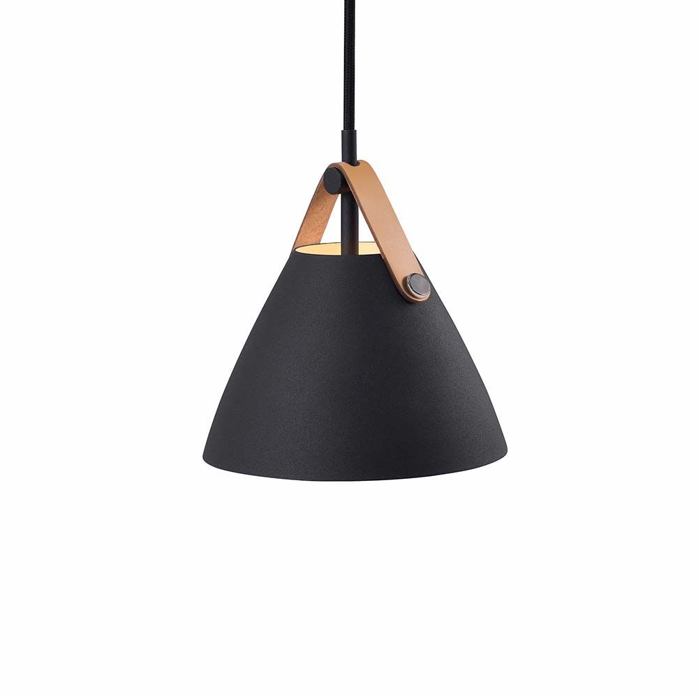 Strap 16 Pendelleuchte mit Lederriemen Schwarz, moderne nordische Designlampe aus Metall und Leder.