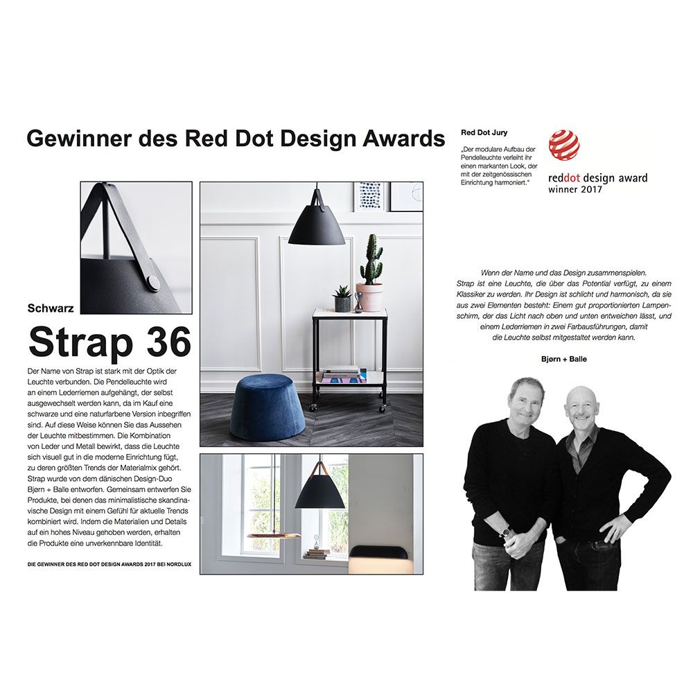 Winner of the Red Dot Design Award for Strap 36 pendant lamp Ø 36cm with 2 leather straps black.