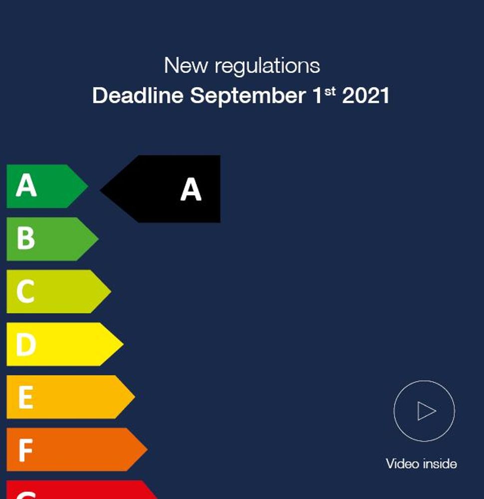 Neue Vorschriften Energieeffizienz mit Frist 1. September 2021, Rating von A bis F, Video verfügbar.