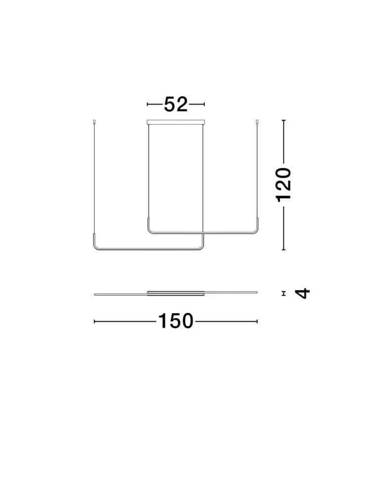 Technische Zeichnung der Strita LED Pendelleuchte, Maße 150cm x 52cm x 120cm, 2-flammig, 3000K.