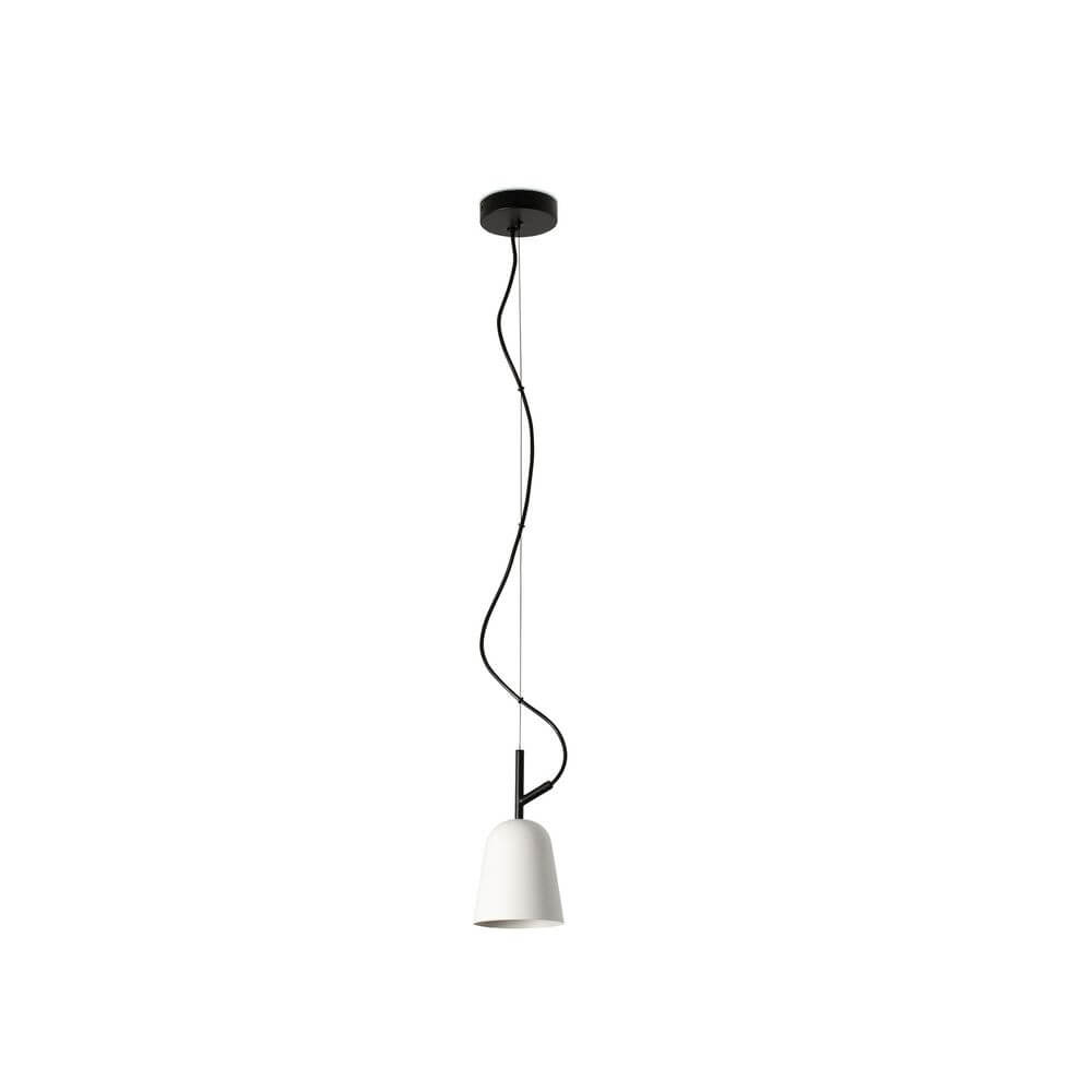Studio Hängeleuchte Ø 16cm in weiß mit geschwungenem Kabel, inspiriert von 1950er Jahren.
