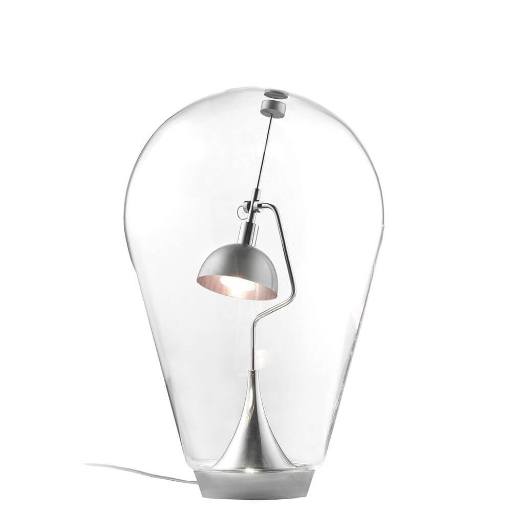 Lodes Blow LED Tischlampe mundgeblasen aus klarem Glas mit elegantem Design und flexiblem Licht.